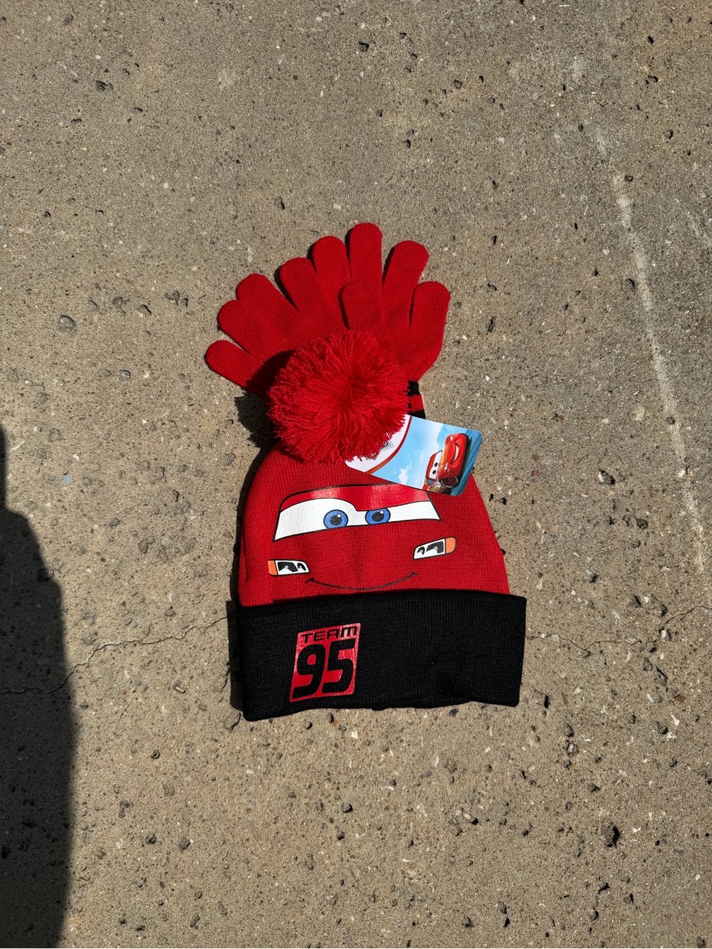 Disney Red and Black Lightning McQueen Pom Knit Hat with Red Gloves